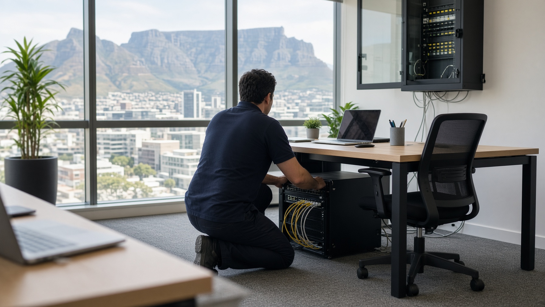 On-site technician installing hardware in a Cape Town office